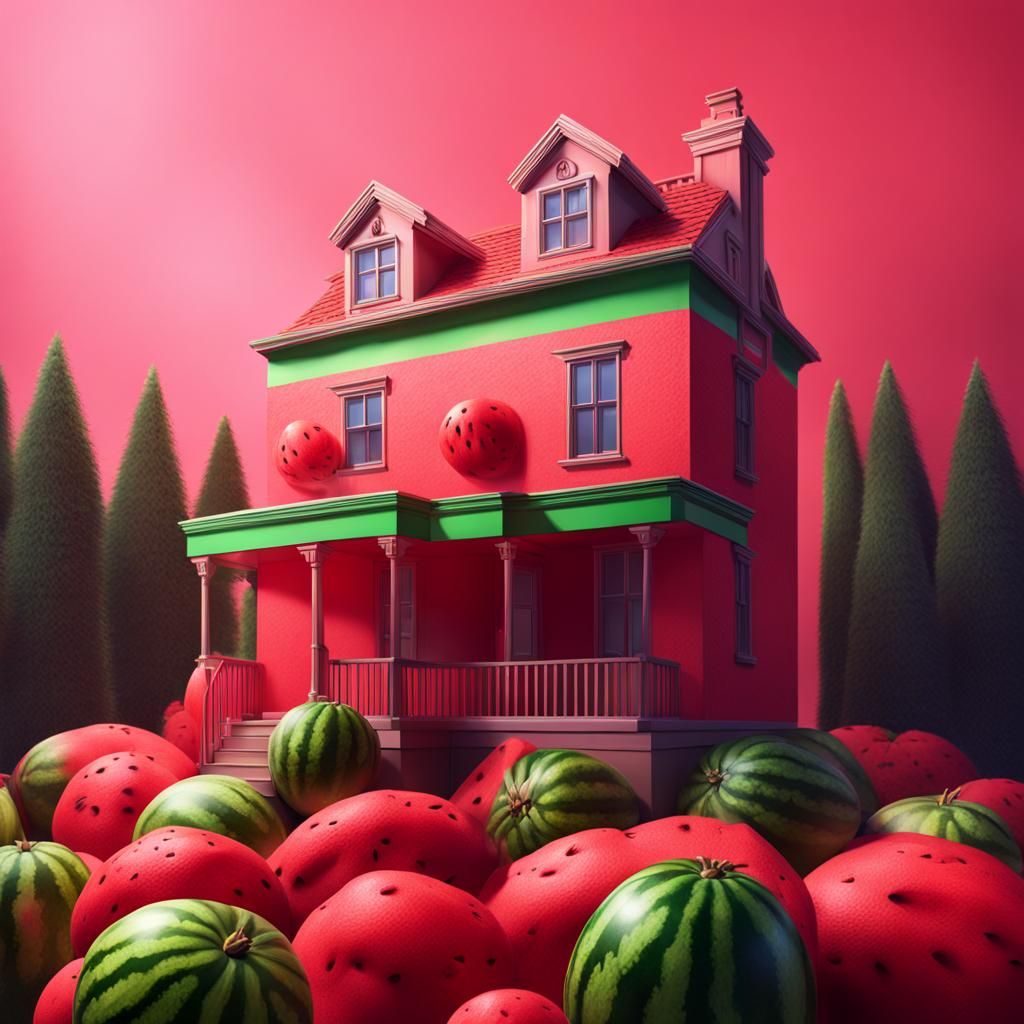 Hyperrealistic Watermelon House: Splash Art Concept