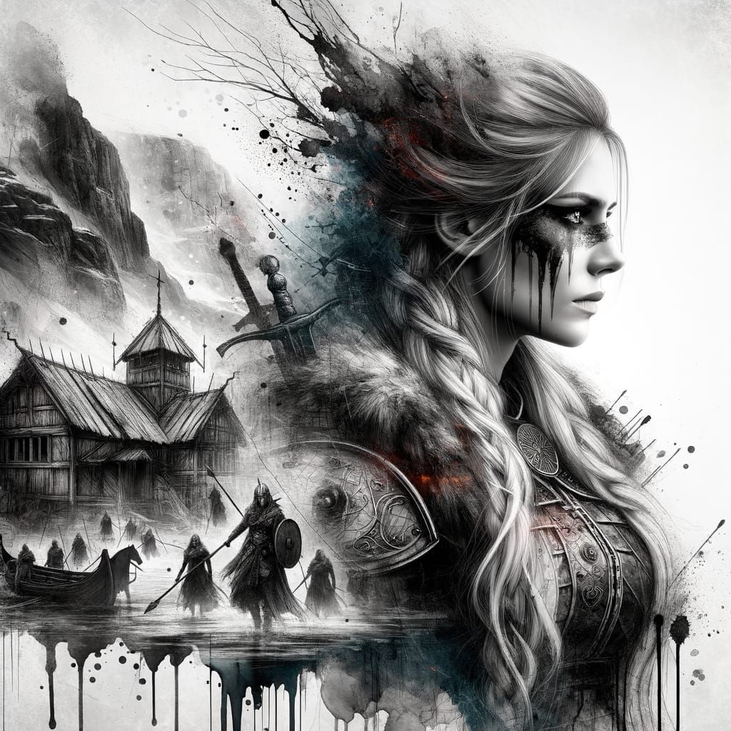 Norse Goddess Double Exposure in Dramatic Ink Style