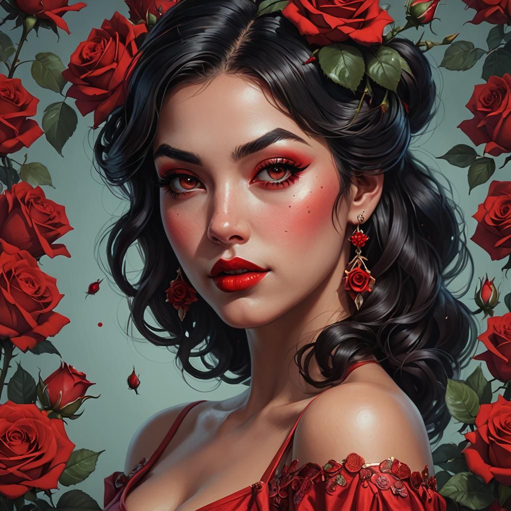 Red Rose Pin-Up: Ornate Digital Portrait