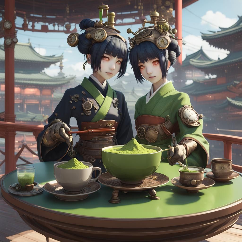 Steampunk Geishas Serve Matcha Tea: 3D Anime Art