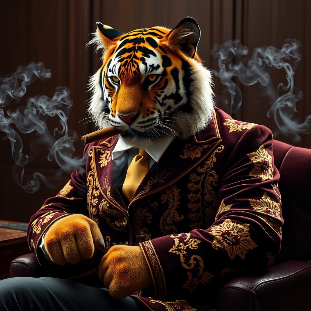 Sophisticated Tiger in Velvet Smoking Jacket