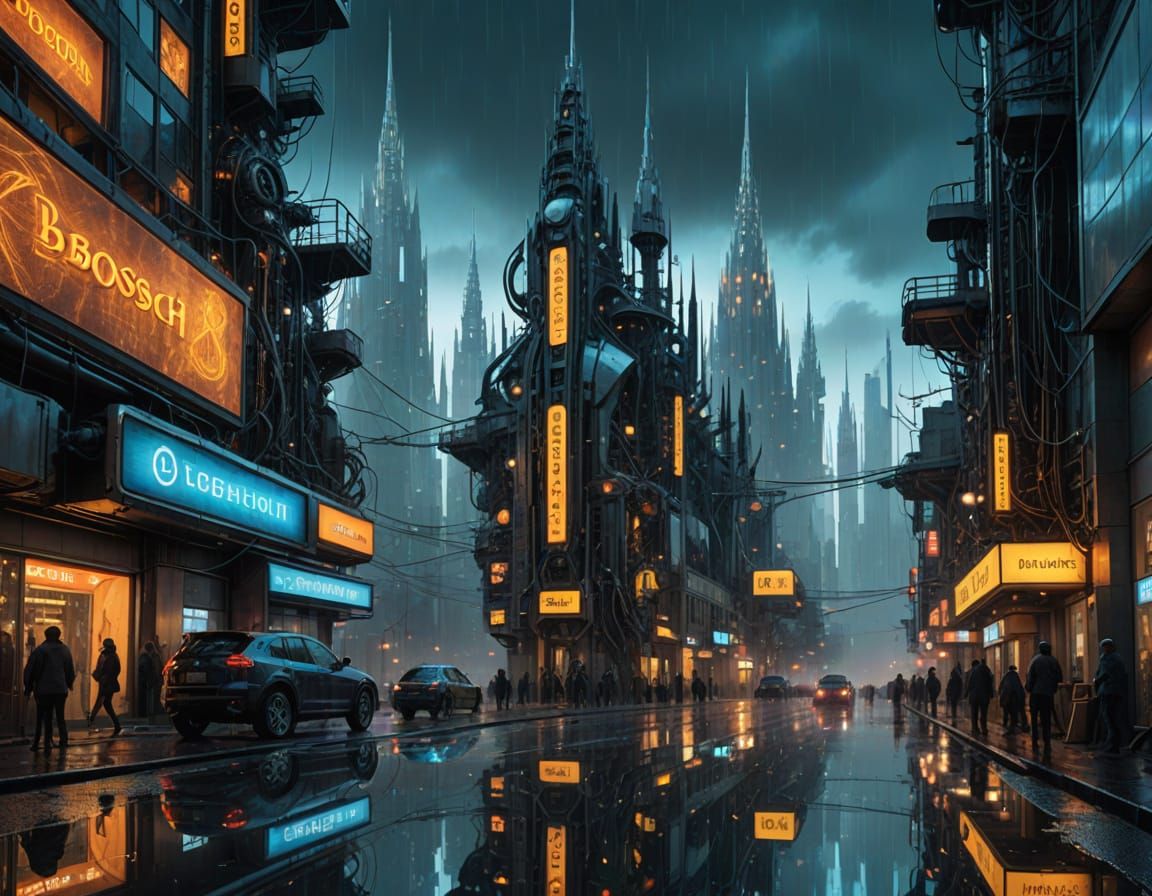 Vast Cybernetic Megacity in Bosch-Inspired Retro-Futurism