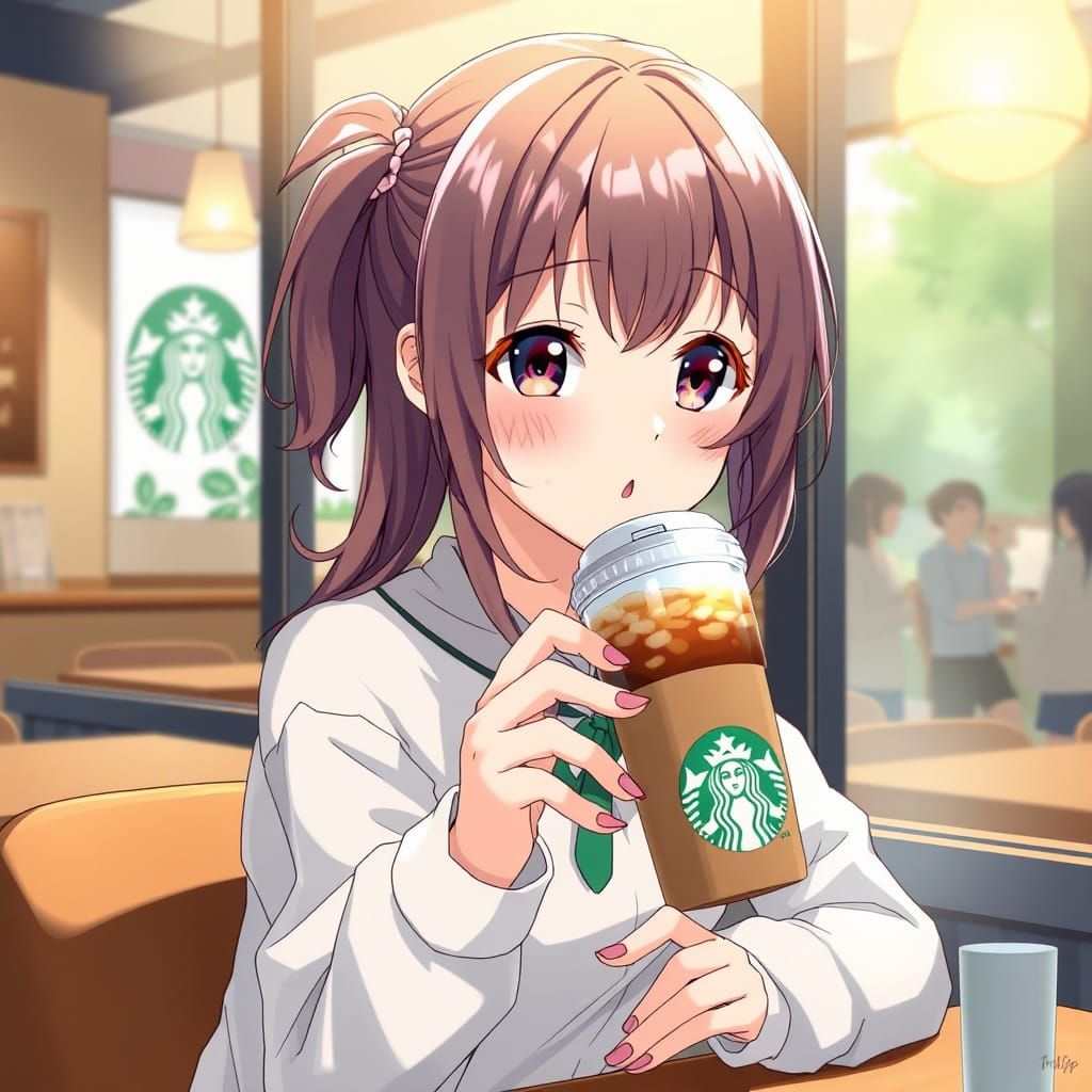 Anime Girl Drinking Coffee at Starbucks