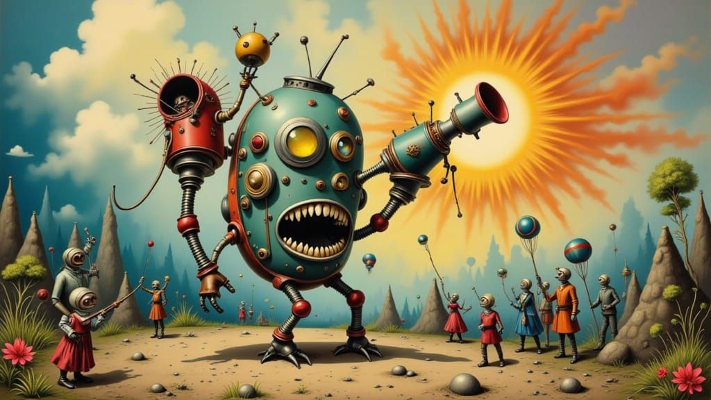 Robot Versus Mad Scientists in Surreal Oil Painting