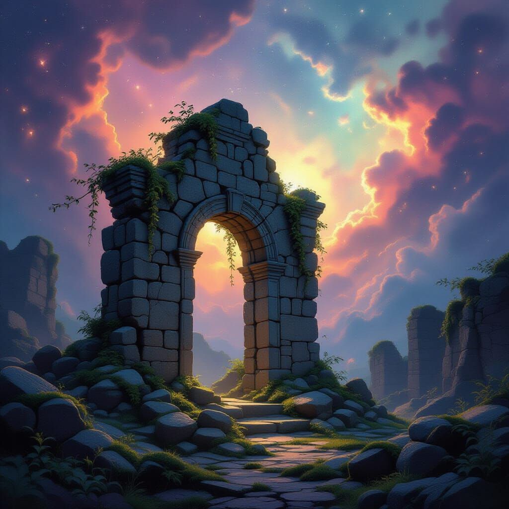 Ancient Stone Ruin Against Vibrant Nebula