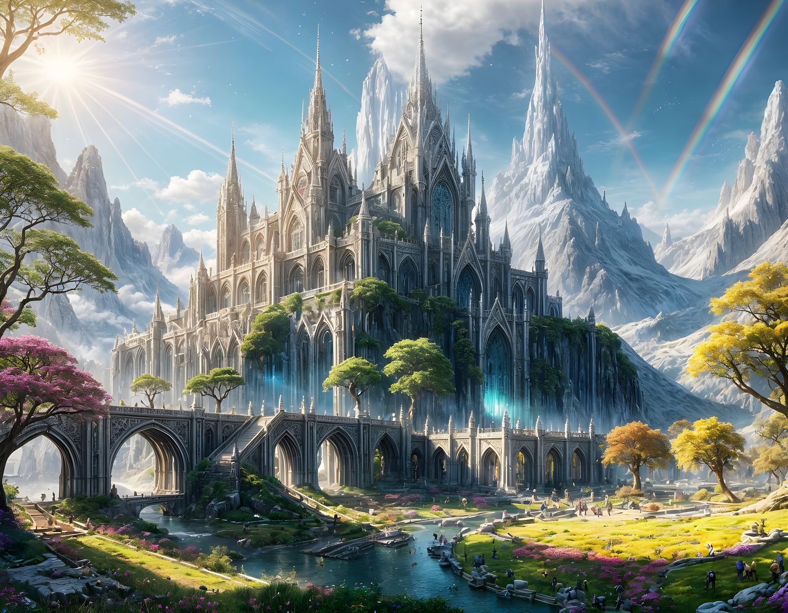 Shining Elven City with Rainbow Sparks in Unreal Engine