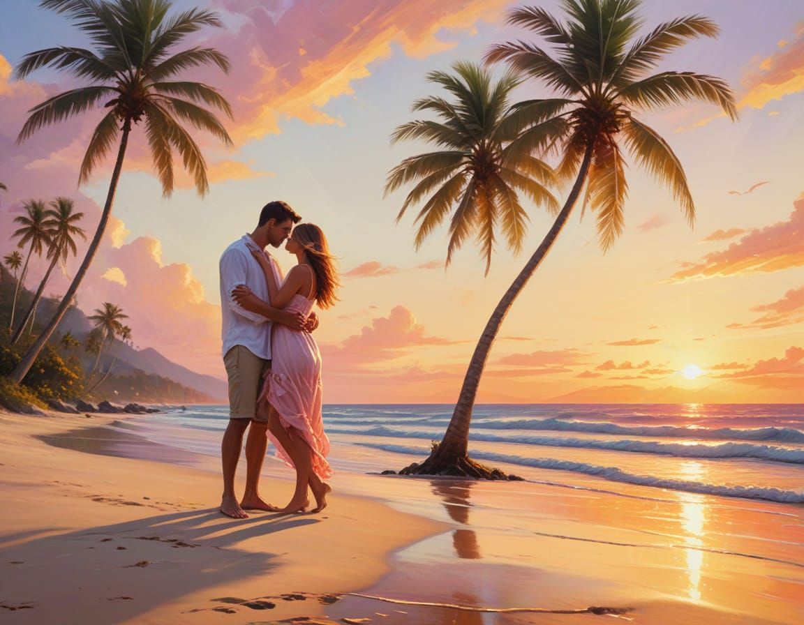 Impressionist Tropical Beach Scene at Sunset