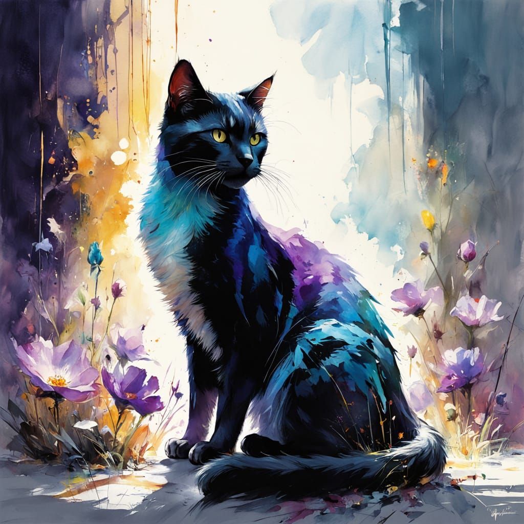 Elegant Cat in Watercolor Meadow