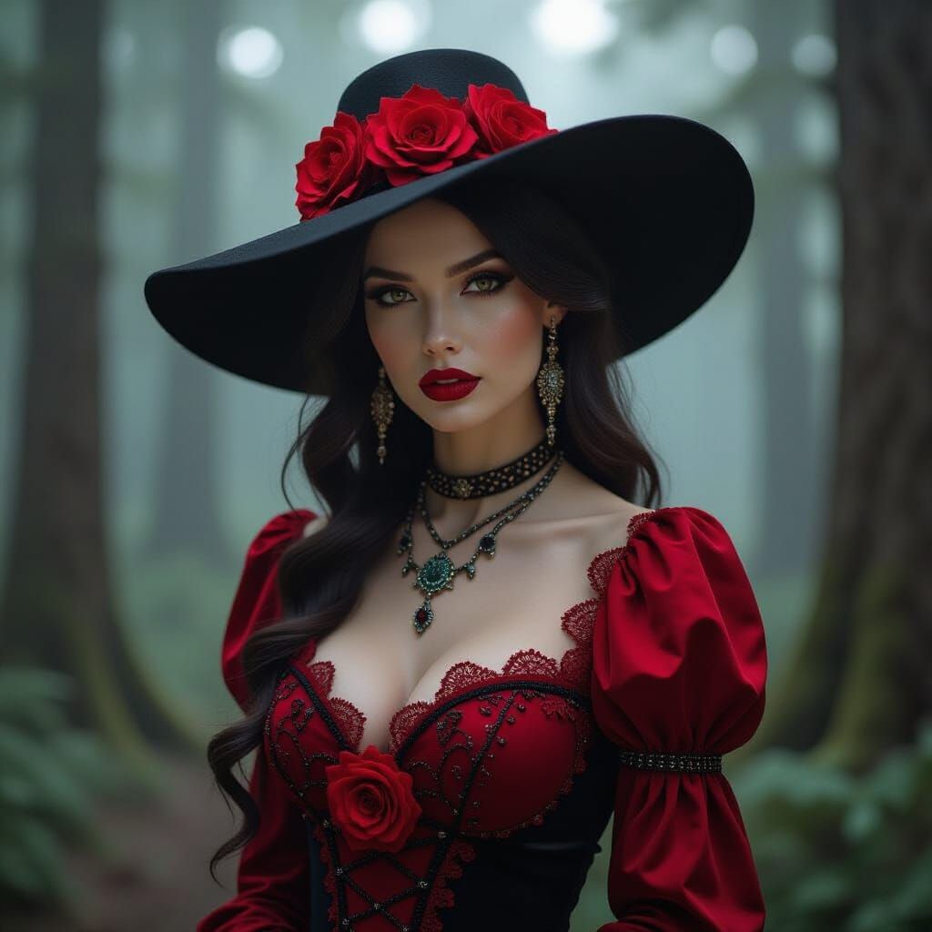 A watercolor illustration of a 3D, Brian Froud-style medium shot of an elegant woman dressed in a red goth-style dress w...