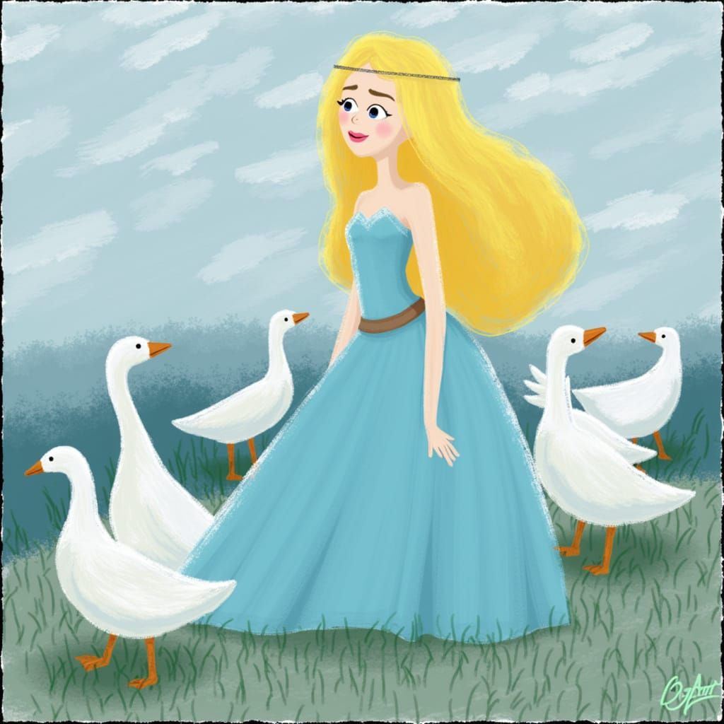 Blonde Princess Watching Geese with Volumetric Lighting