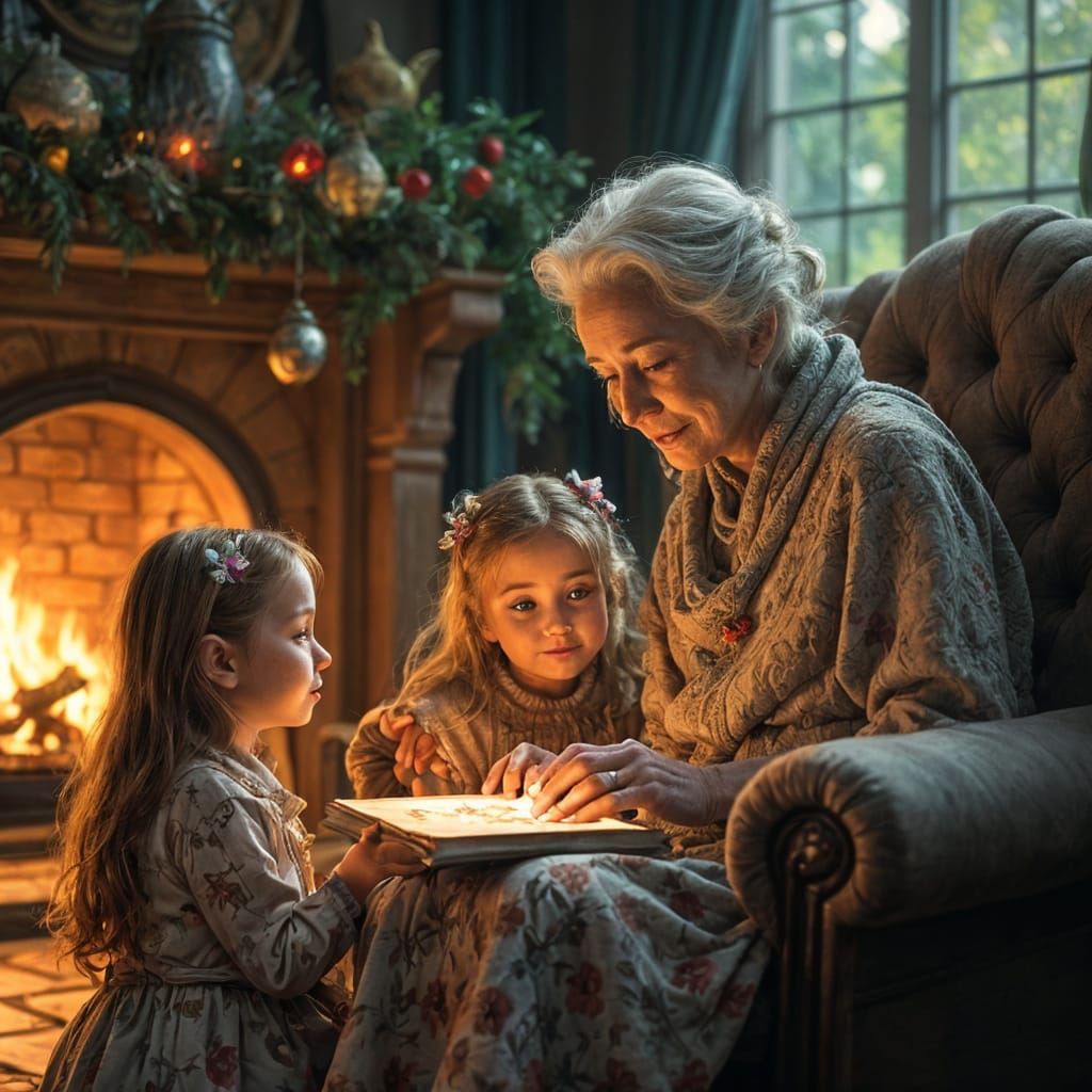 the grandmother sits by the fireplace and tells fairy tales with elves and goblins to her granddaughters who look at her...