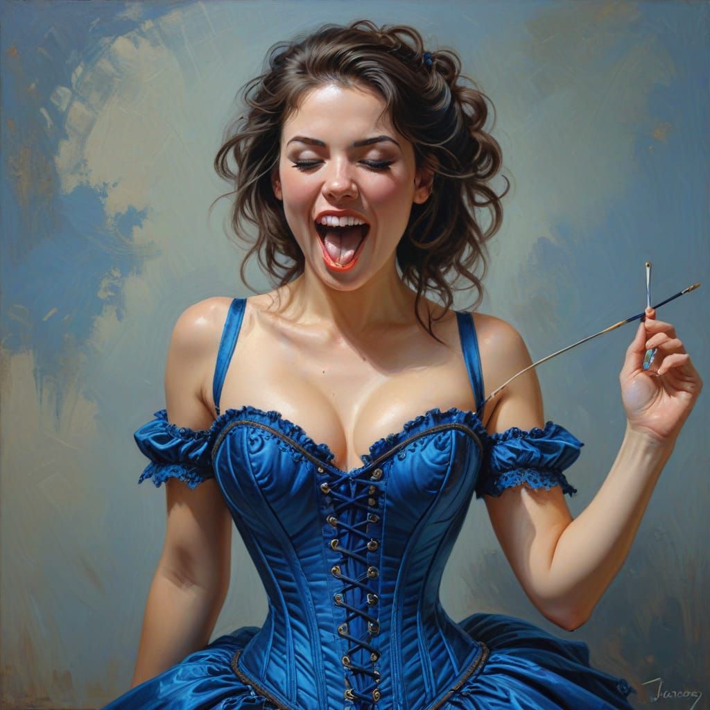 Playful Brunette in Blue Corset as Oil Painting