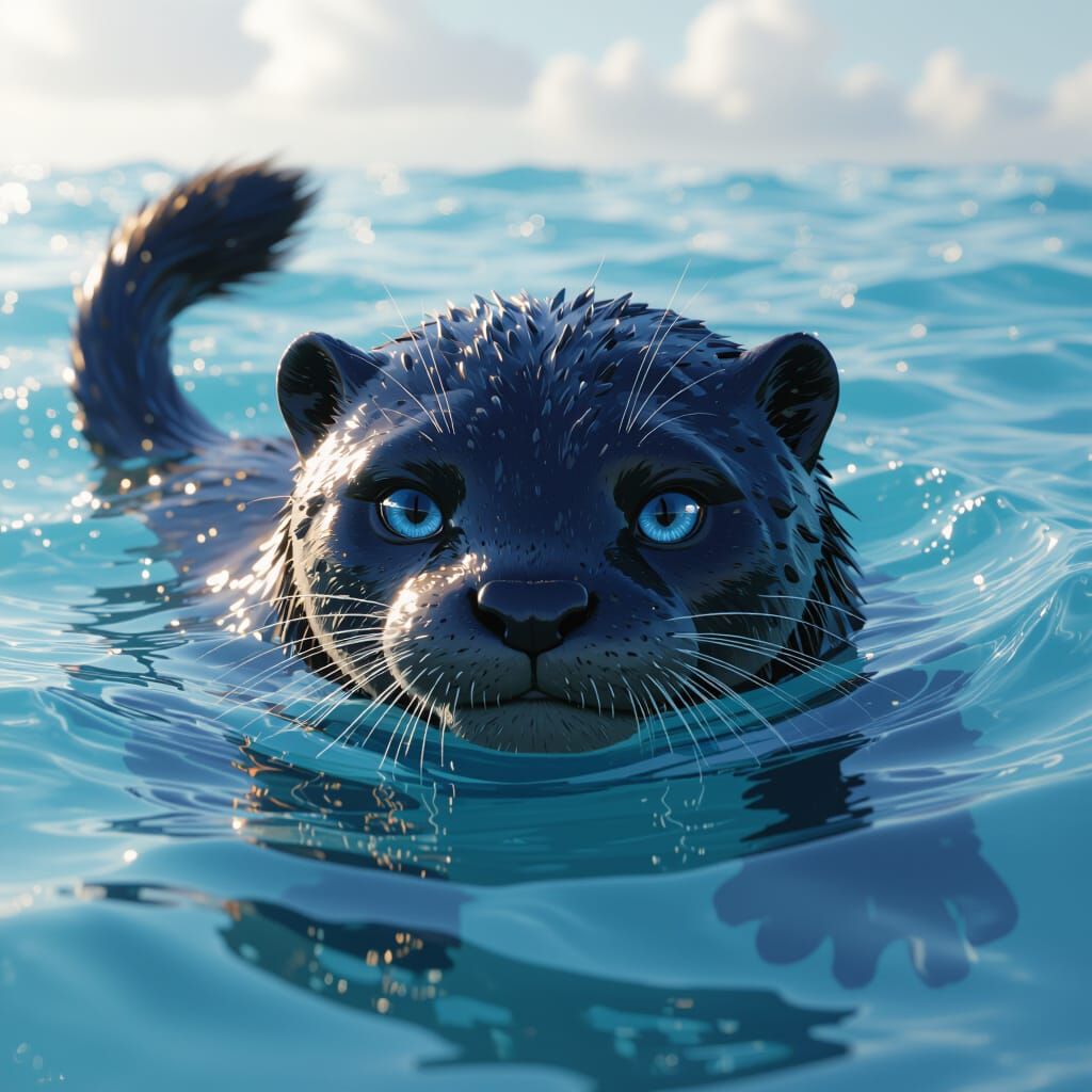 Lion-Tailed Otter Swimming in a Light Ocean