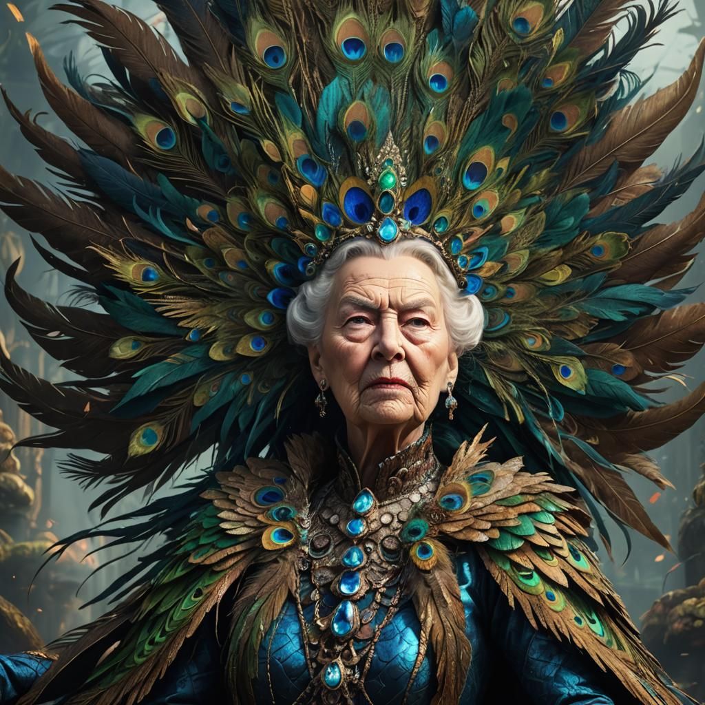 Screaming Queen with Peacock Feathers: Fantasy Art