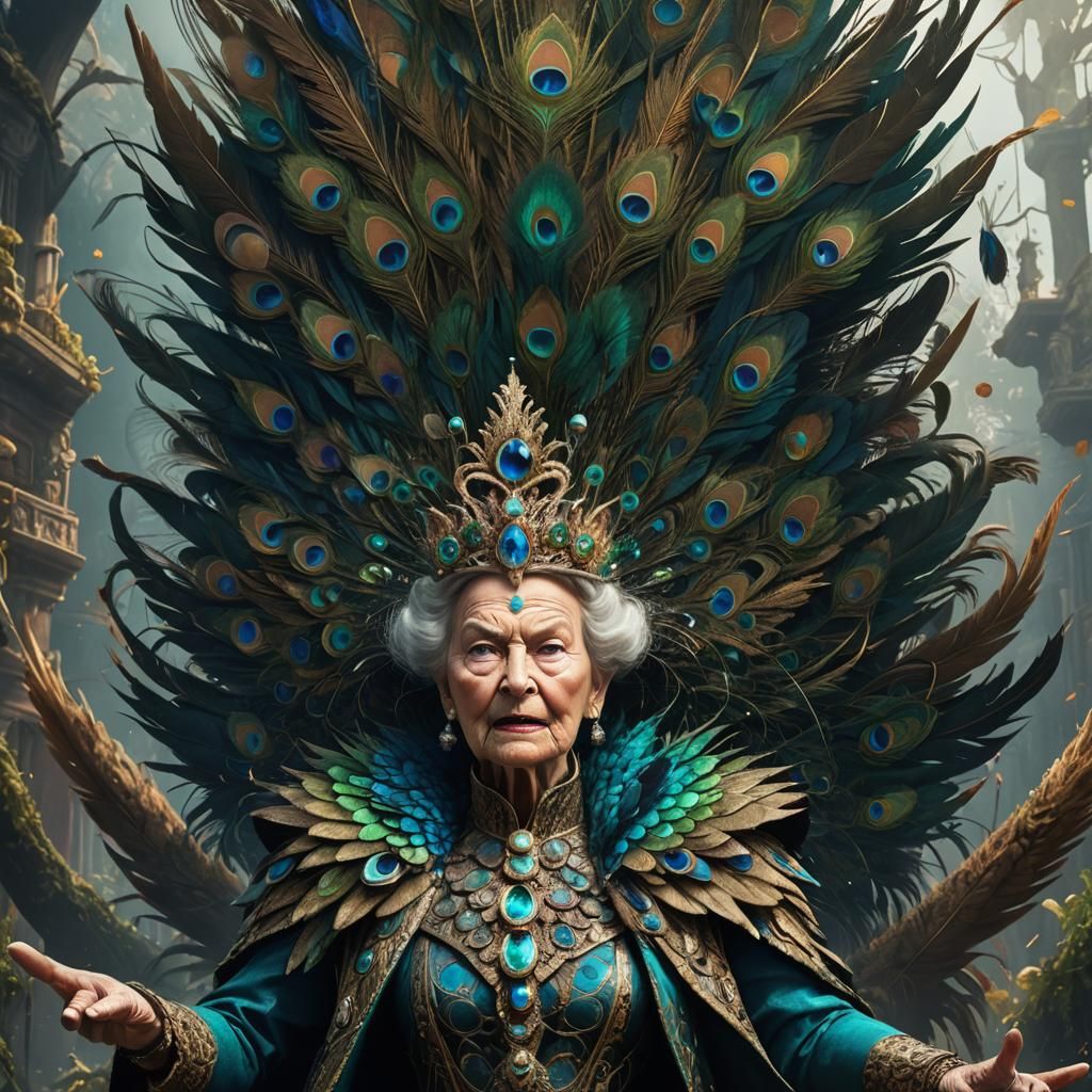 Screaming Queen with Peacock Feathers: Fantasy Art