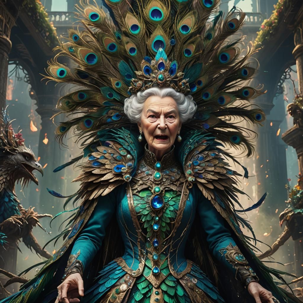 Old Queen with Peacock Feathers: Fantasy Concept Art