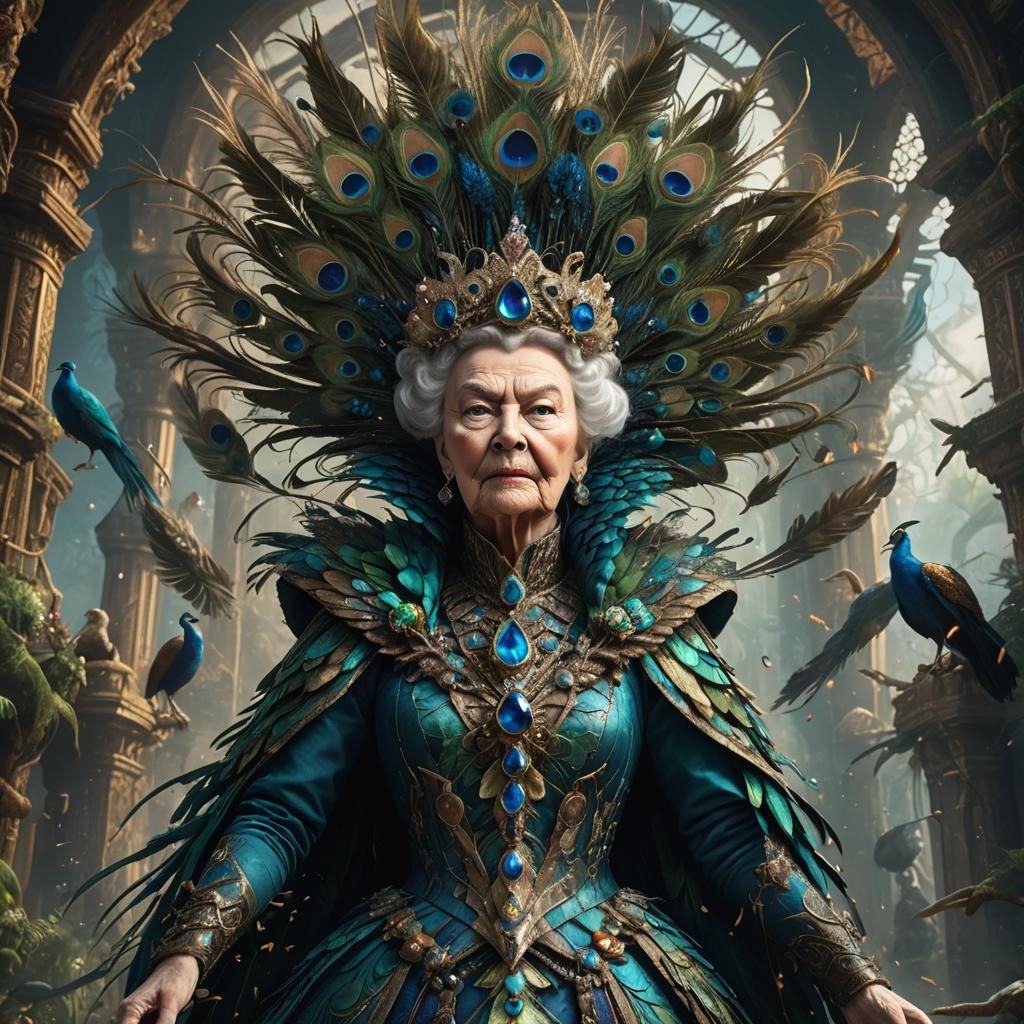 Screaming Queen with Peacock Feathers: Detailed Matte Painti...