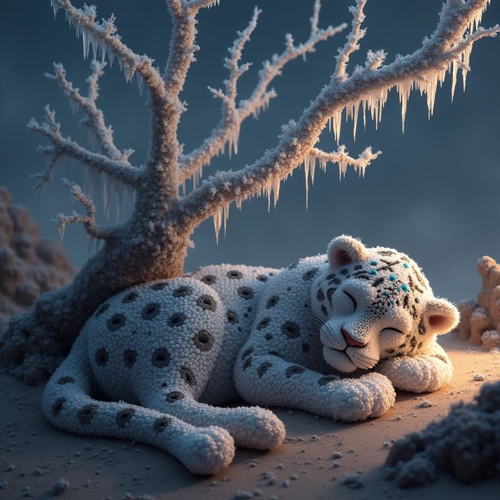 Beaded Snow Leopard Sleeping Under Crystal Tree