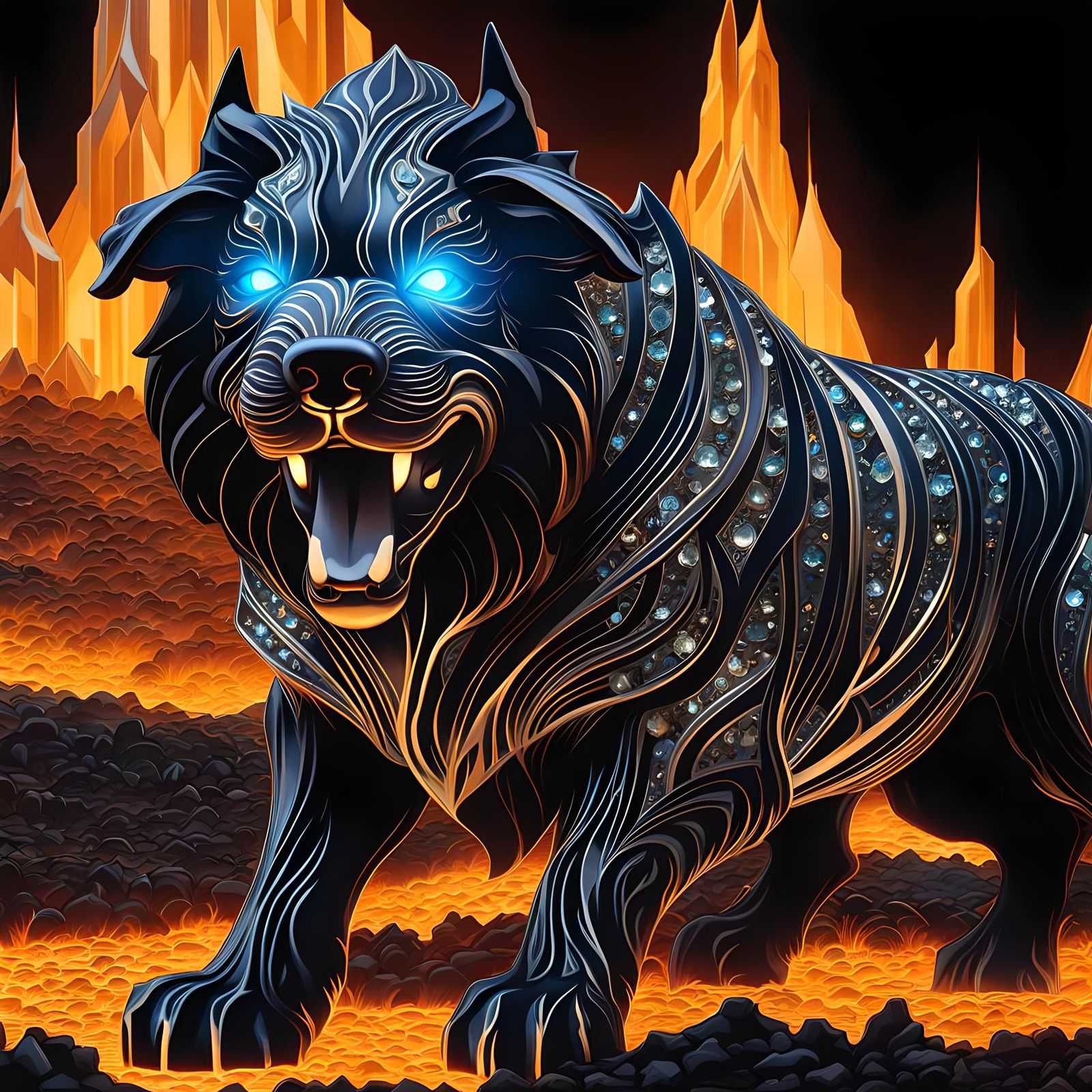 Art Deco Crystal Cerberus on Charred Wasteland
