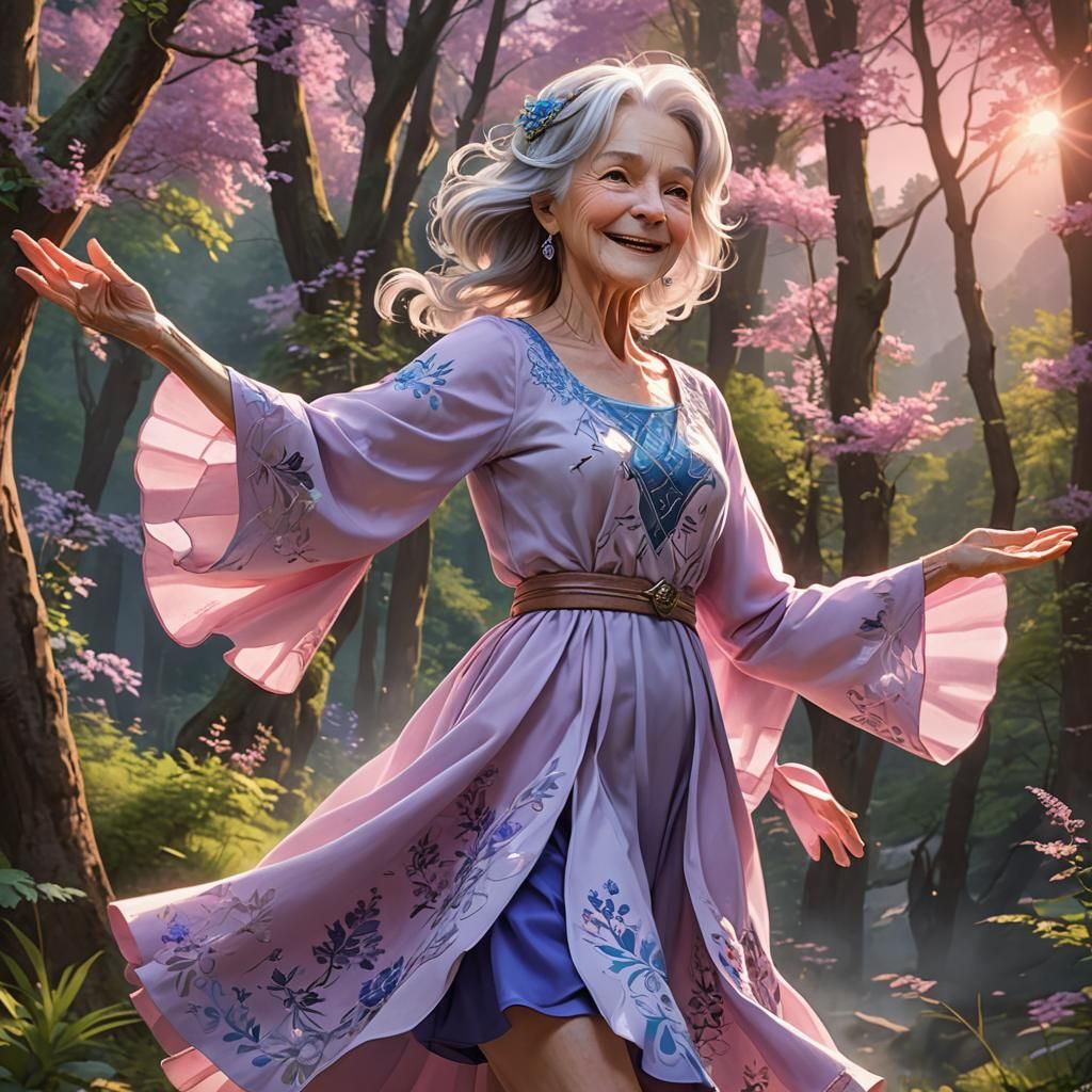 Happy Woman Dancing in Forest: 3D Anime Art