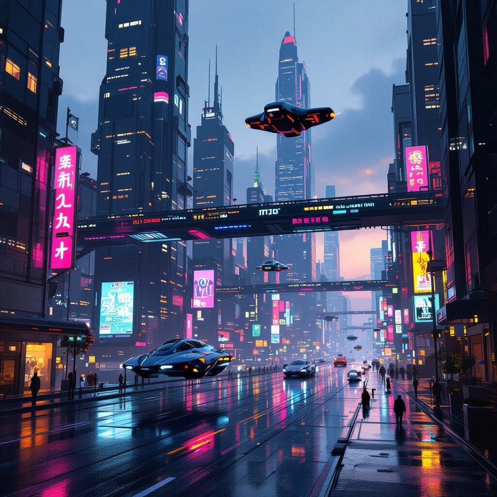Cyberpunk Cityscape at Dusk with Flying Vehicles