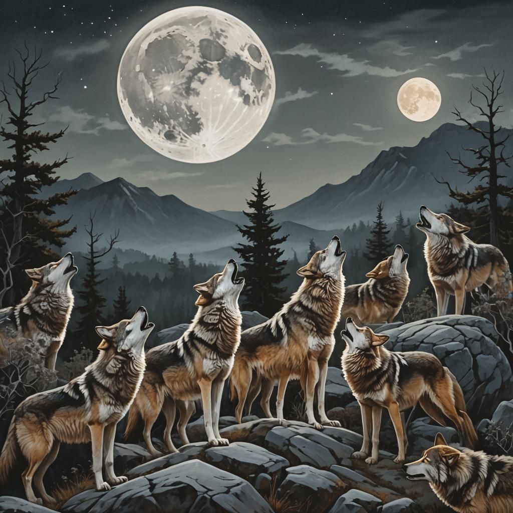 Wolves Howling at the Moonlit Landscape