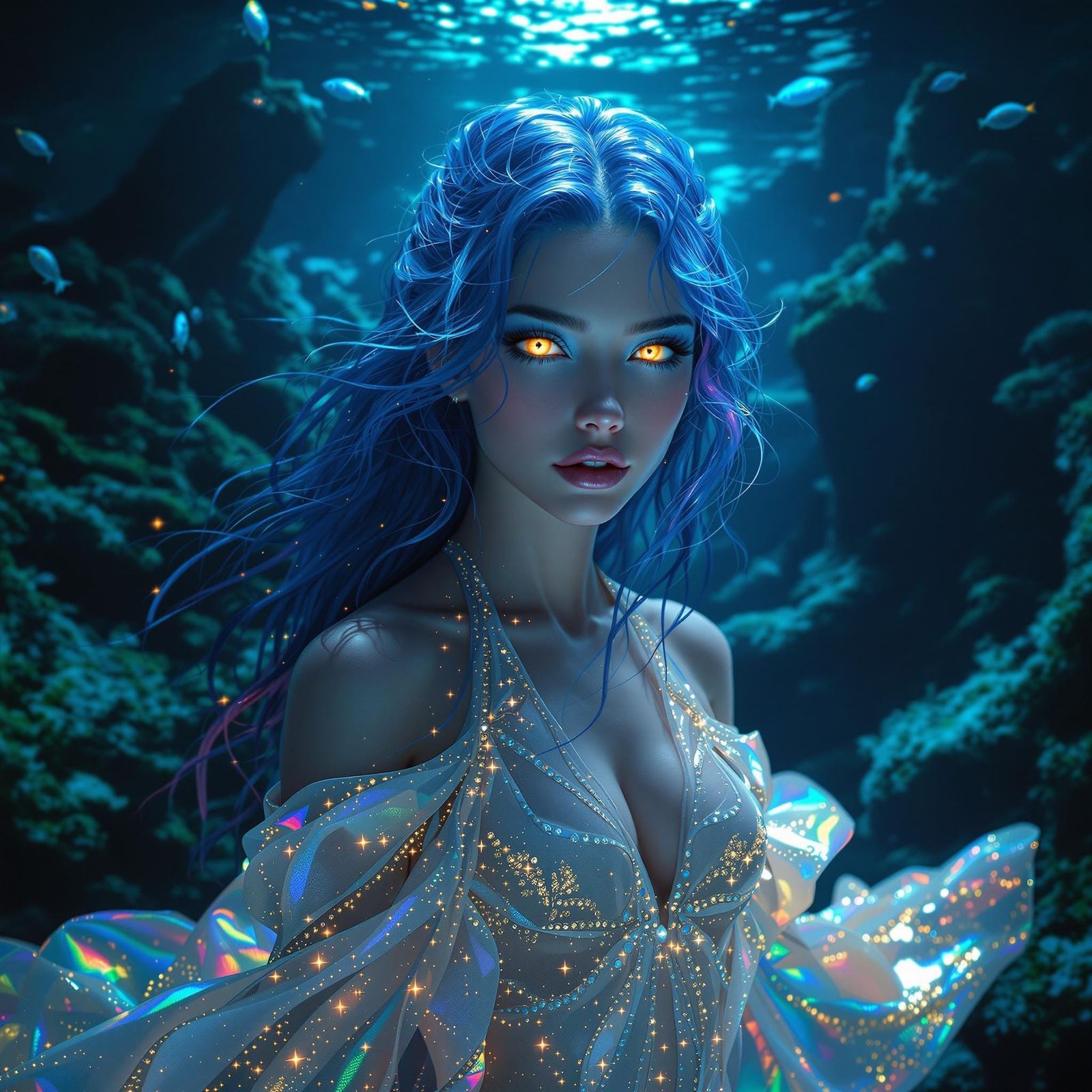 Mythical Underwater Goddess with Iridescent Gown and Biolumi...