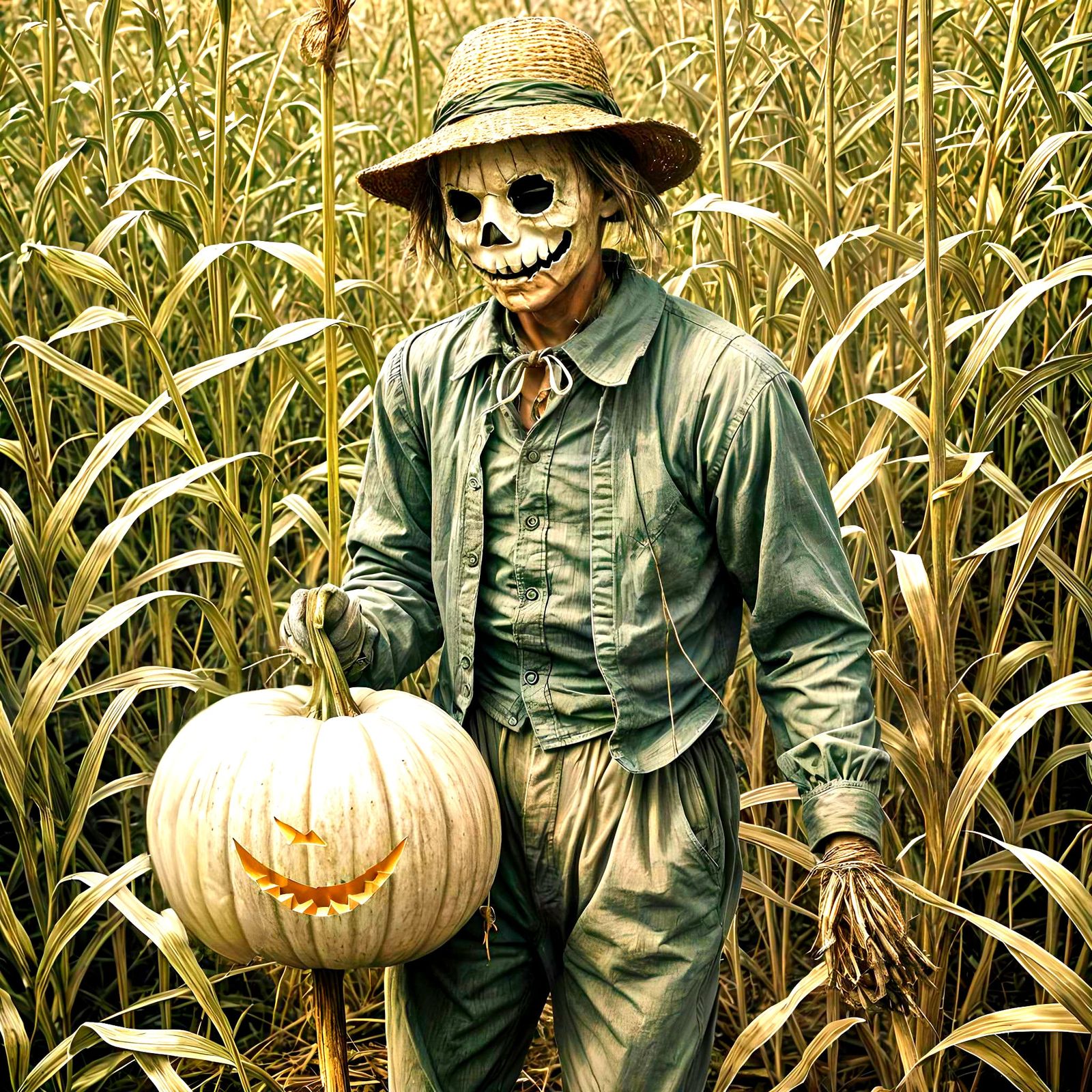 Hyperdetailed Scarecrow with White Pumpkin Head