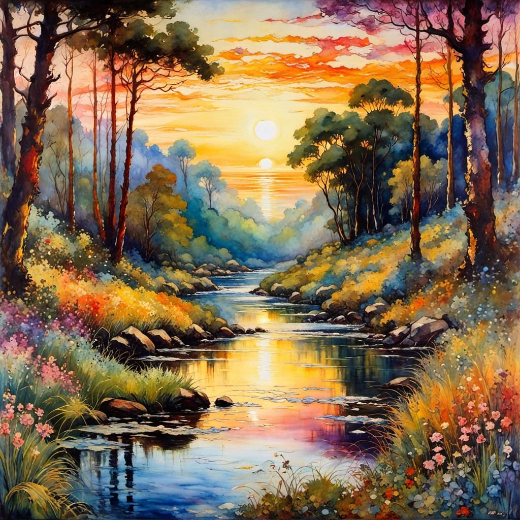 Encaustic Summerscape Landscape in Watercolour Style