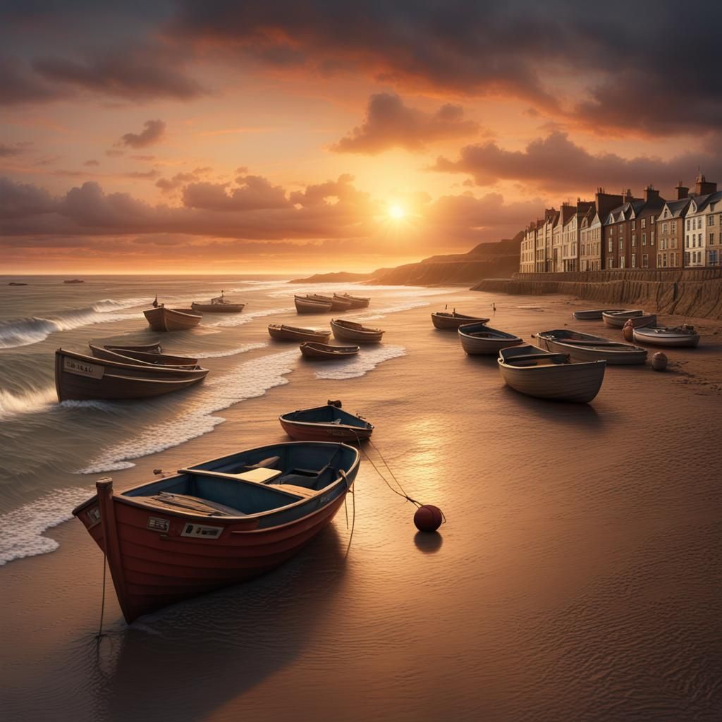 British Beach Sunset with Boats: Digital Matte Painting