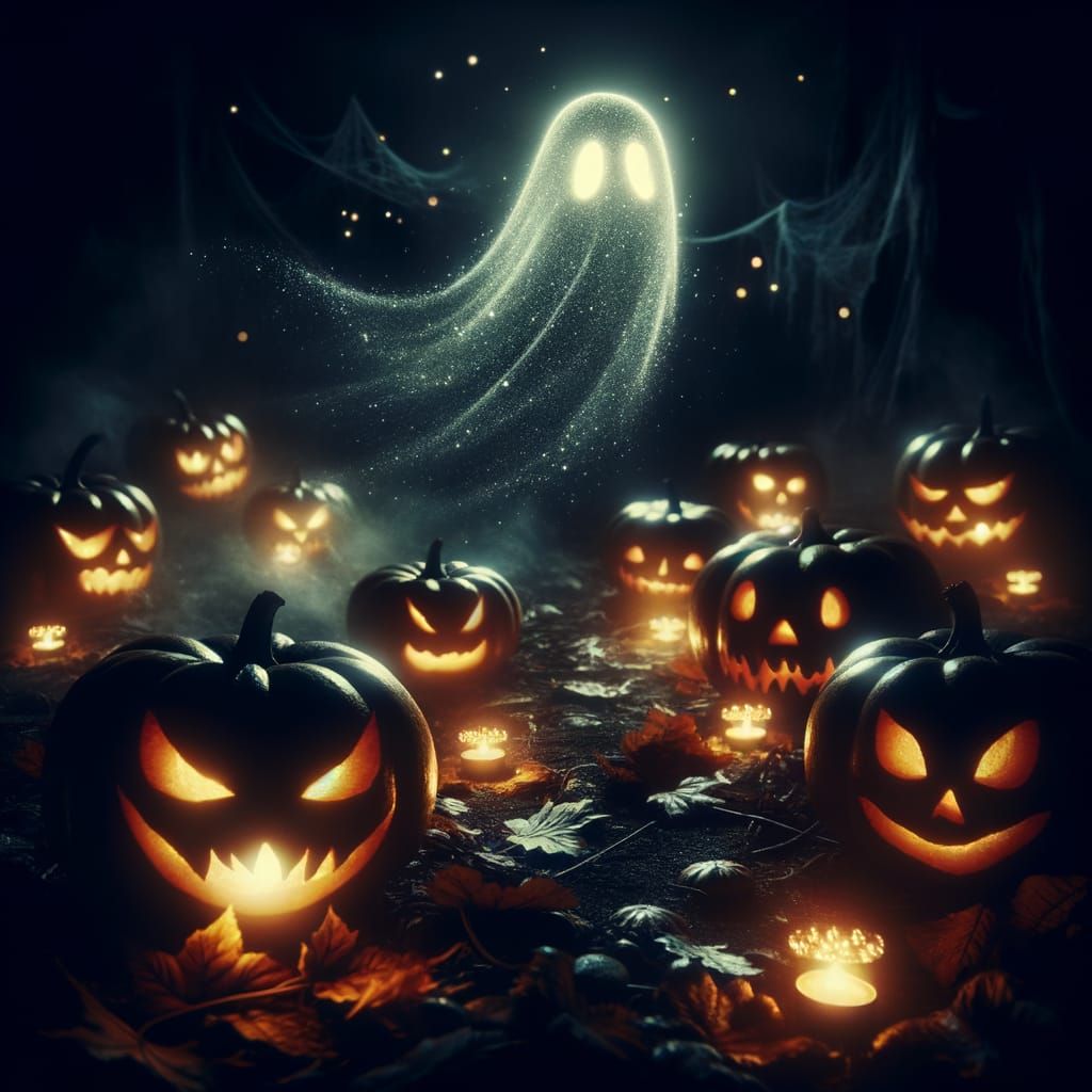 Eerie Halloween Night Scene with Ghost and Pumpkins
