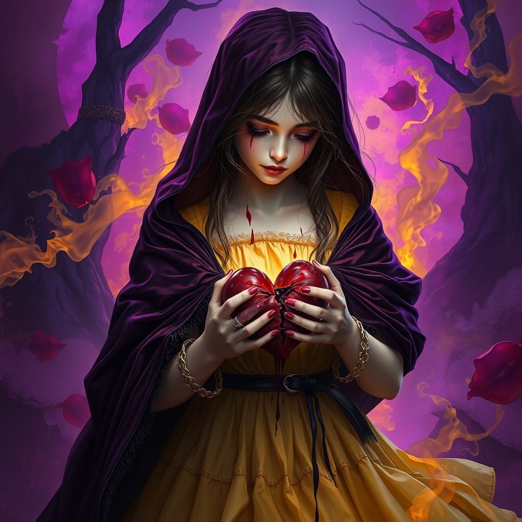 Girl in Dark Fantasy Velvet Cloak, Broken Heart, and Blood T...