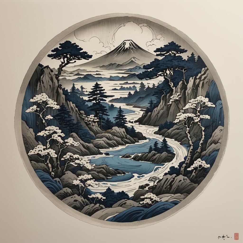 Minimalist Sumi-e Landscape with Indigo Ink