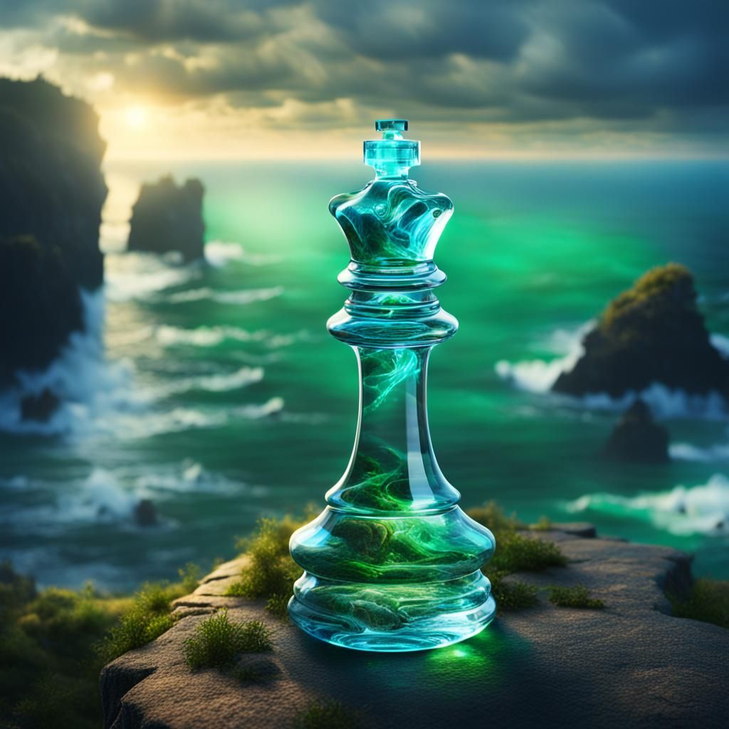 Glass Chess Piece with Swirling Light on Cliff