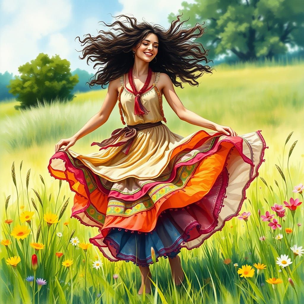 Romani Woman Dancing in a Sun-Drenched Field of Wildflowers