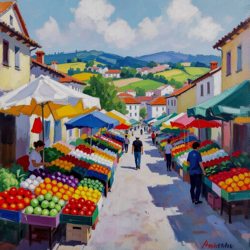 Market Vegetable Stall in Gouache Watercolor Style