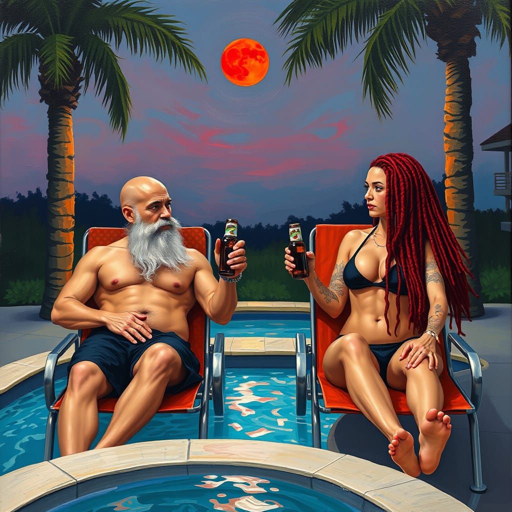 Couple Relaxing by Hot Tub under Vibrant Neo-Impressionist M...