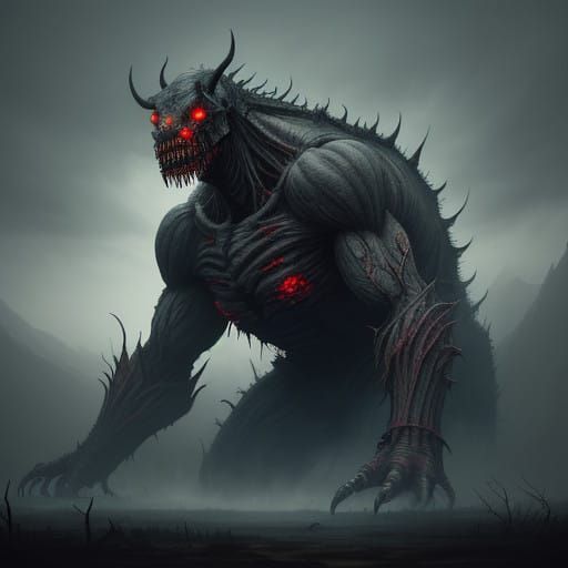 Gargantuan Nightmarish Creature in Dark, Foreboding Landscap...
