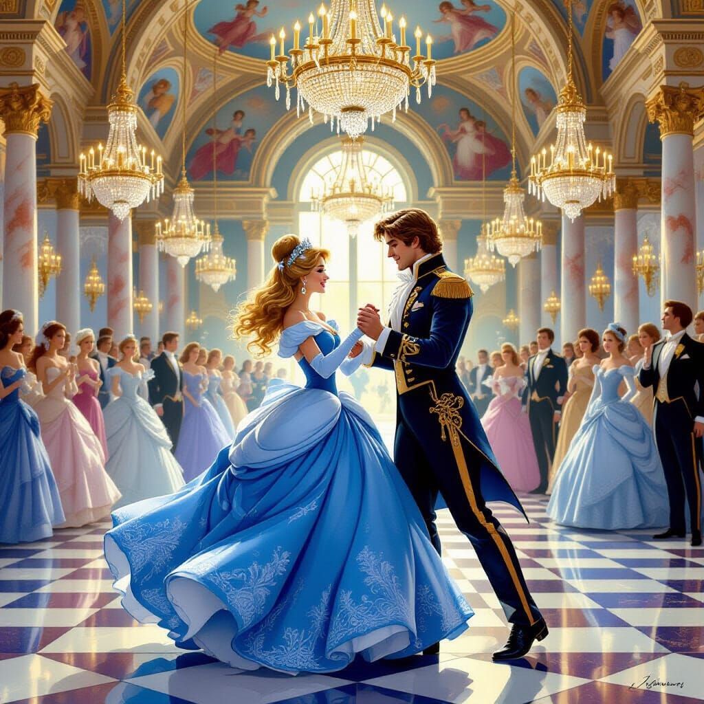 Cinderella's Enchanted Dance in a Golden Ballroom