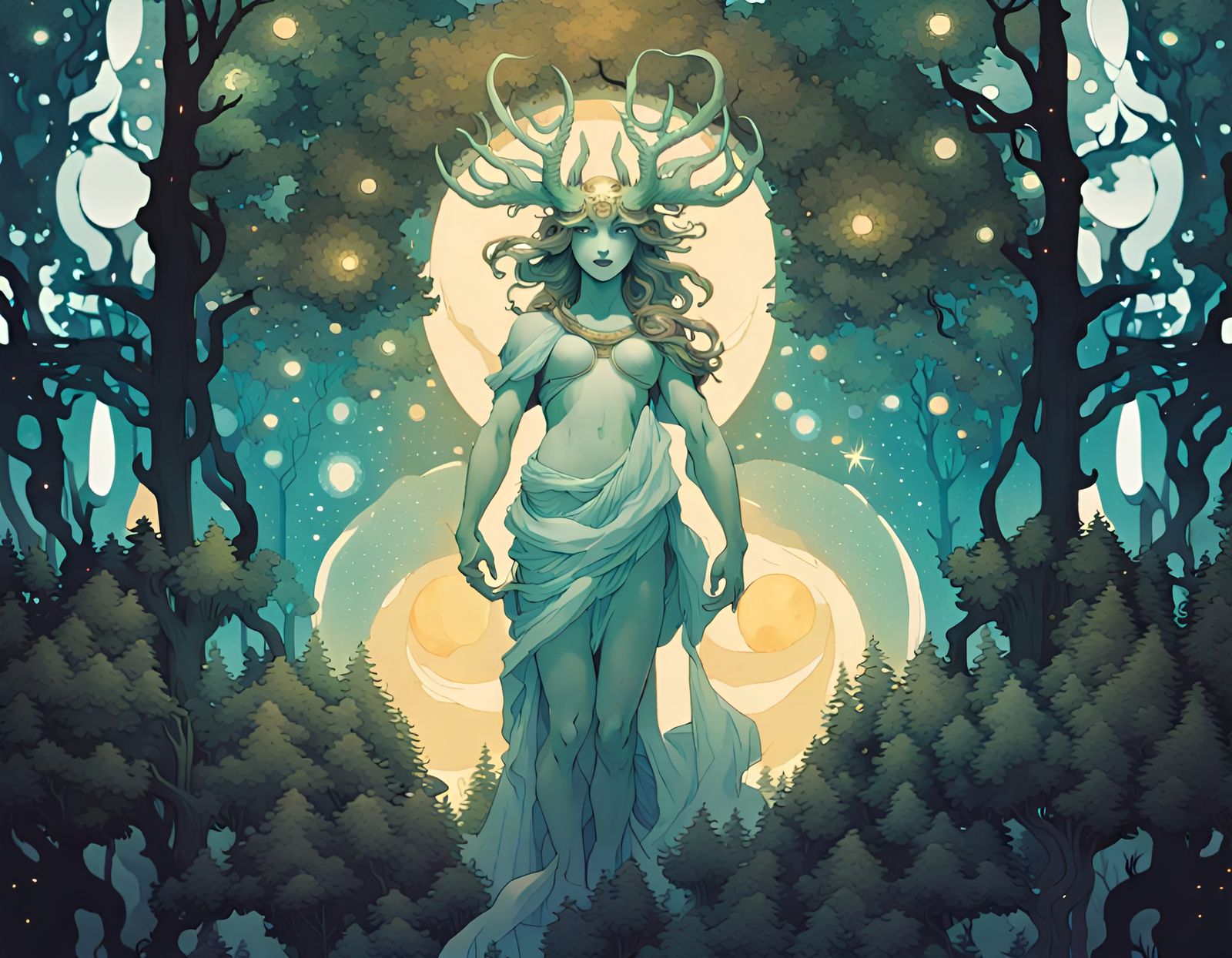 Mythical Deity in Phosphorescent Forest, Alphonse Mucha Styl...