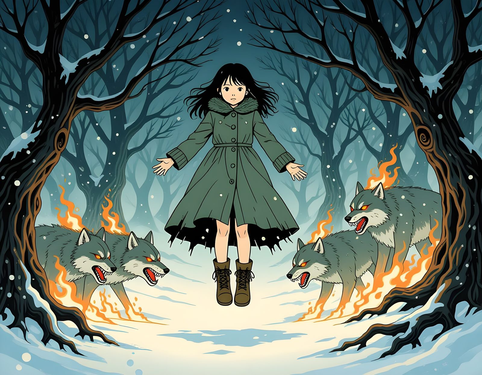 Girl Levitating with Ghost Wolves in Ito-Style Forest