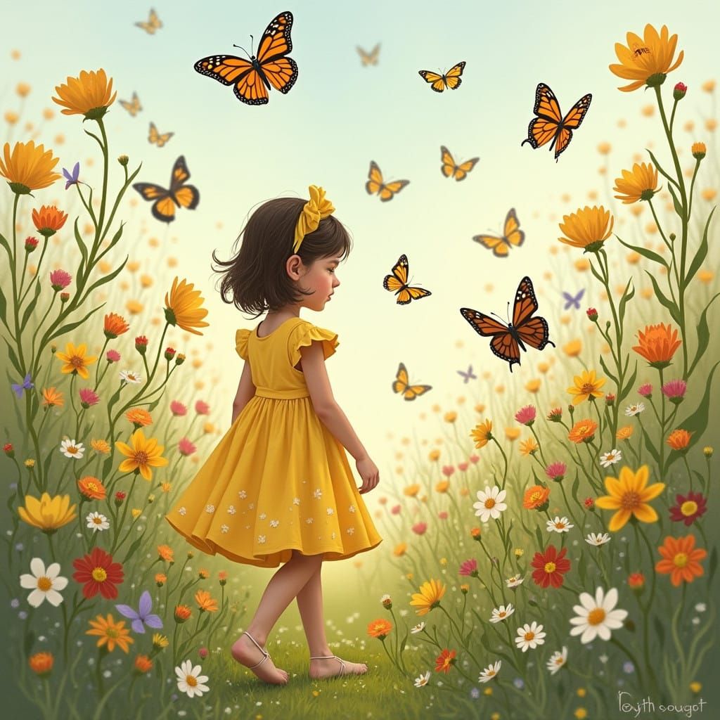 Little Girl Amidst Whimsical Wildflowers in a Dreamy Landsca...