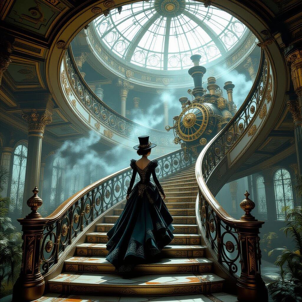 Steampunk Character Descends Art Deco Stairs