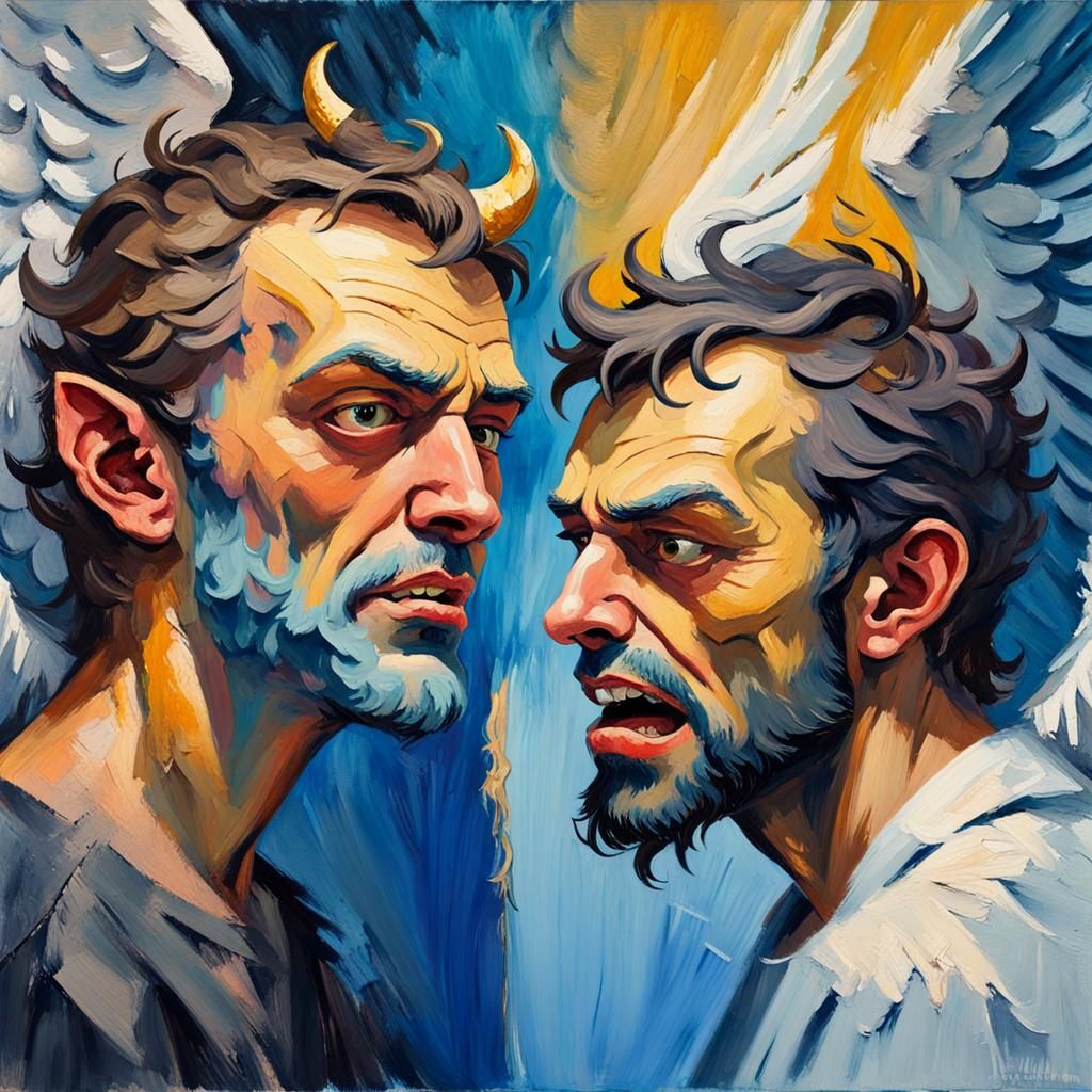 Split Portrait: Angel and Demon in Gouache Style