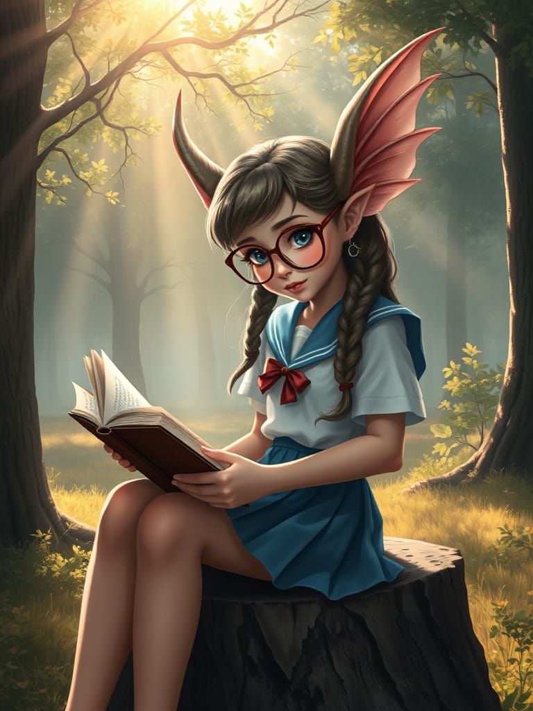 Elf Girl Reads in Enchanted Forest