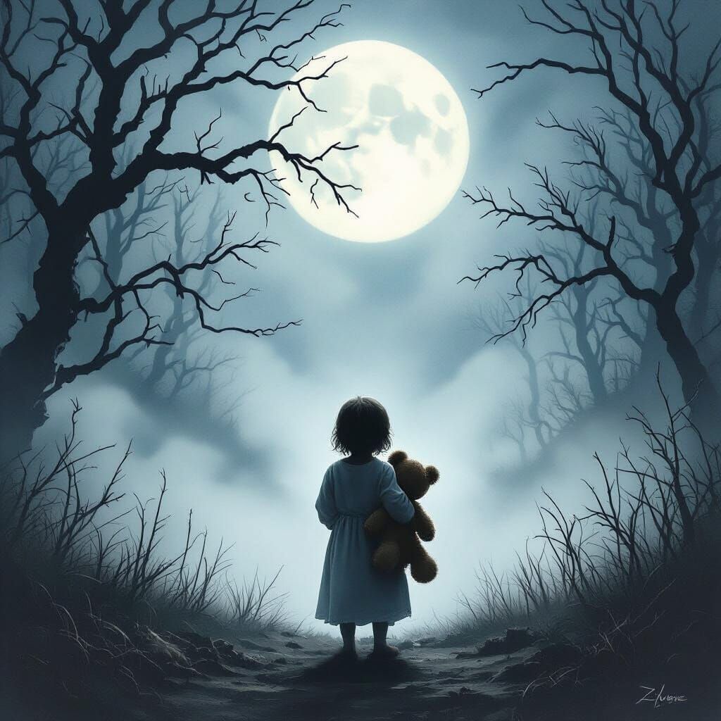 Child and Teddy Bear Facing Eerie Forest Under Full Moon