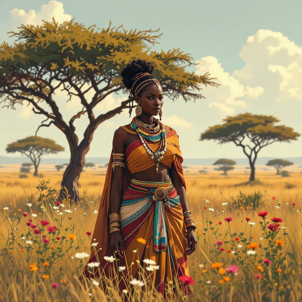 Savanna Goddess in Vibrant African Landscape