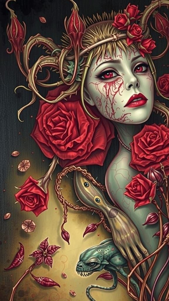 Dark Botanical Horror in Neon Red and Black