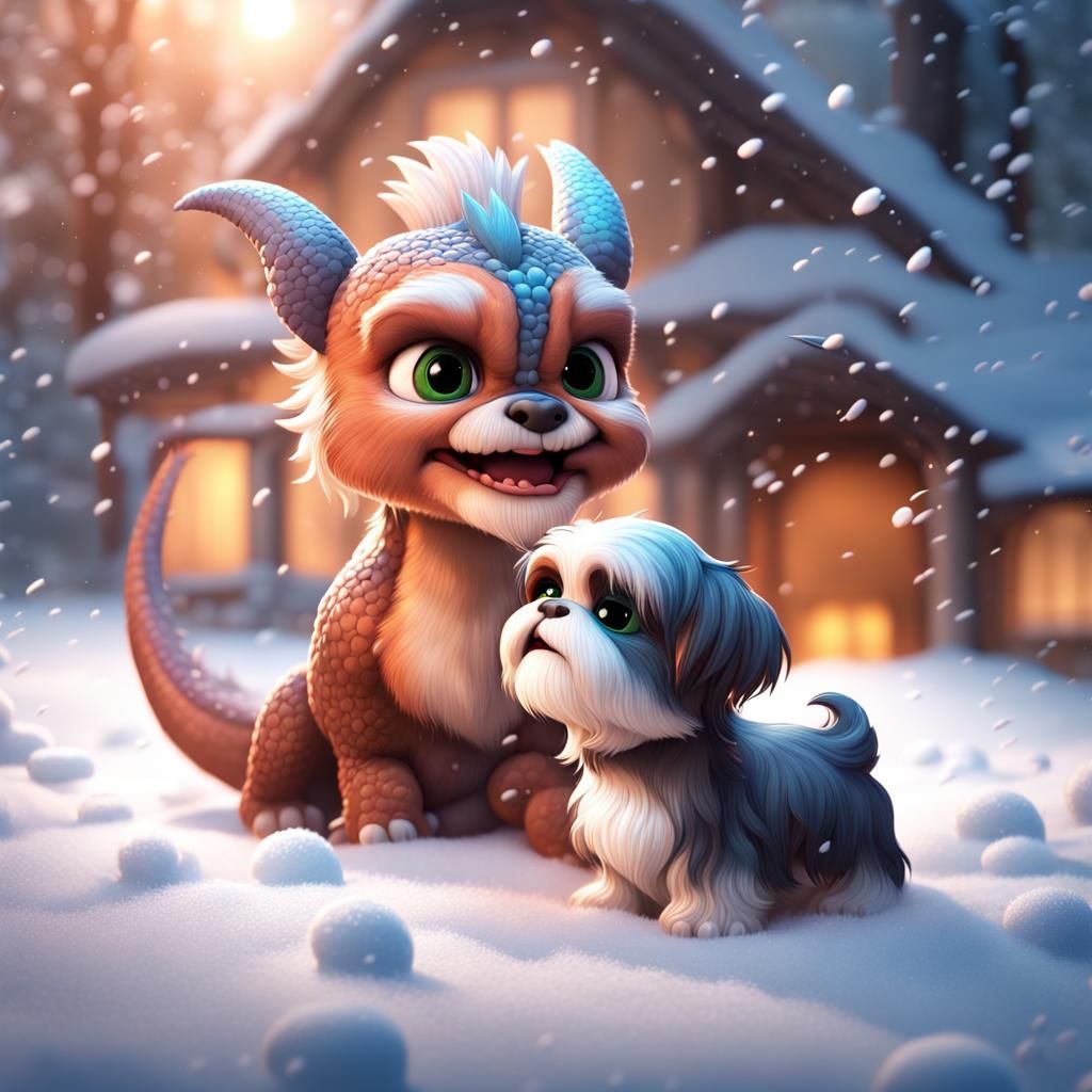 Cute baby dragon playing with a cute shih tzu puppy in snow fall in the yard