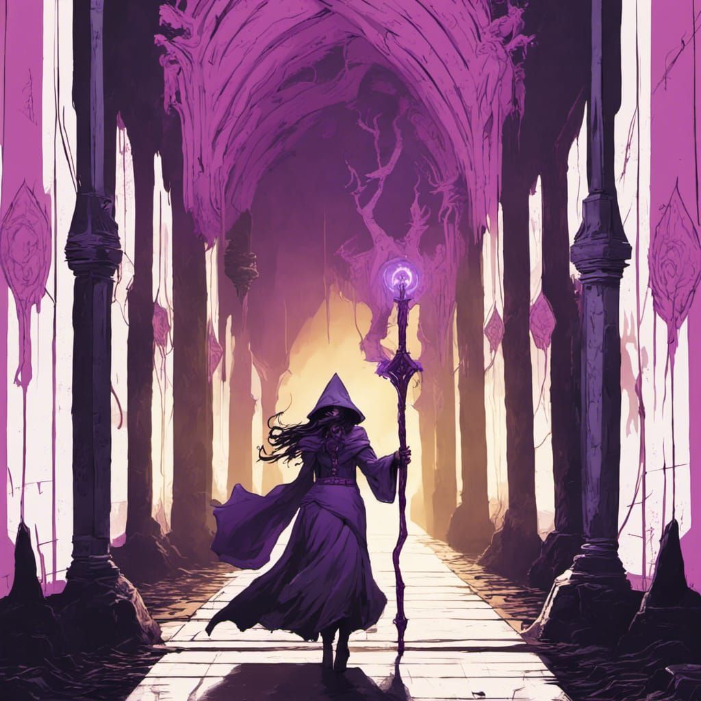 Lovecraftian Mage in Dark Castle with Purple Staff